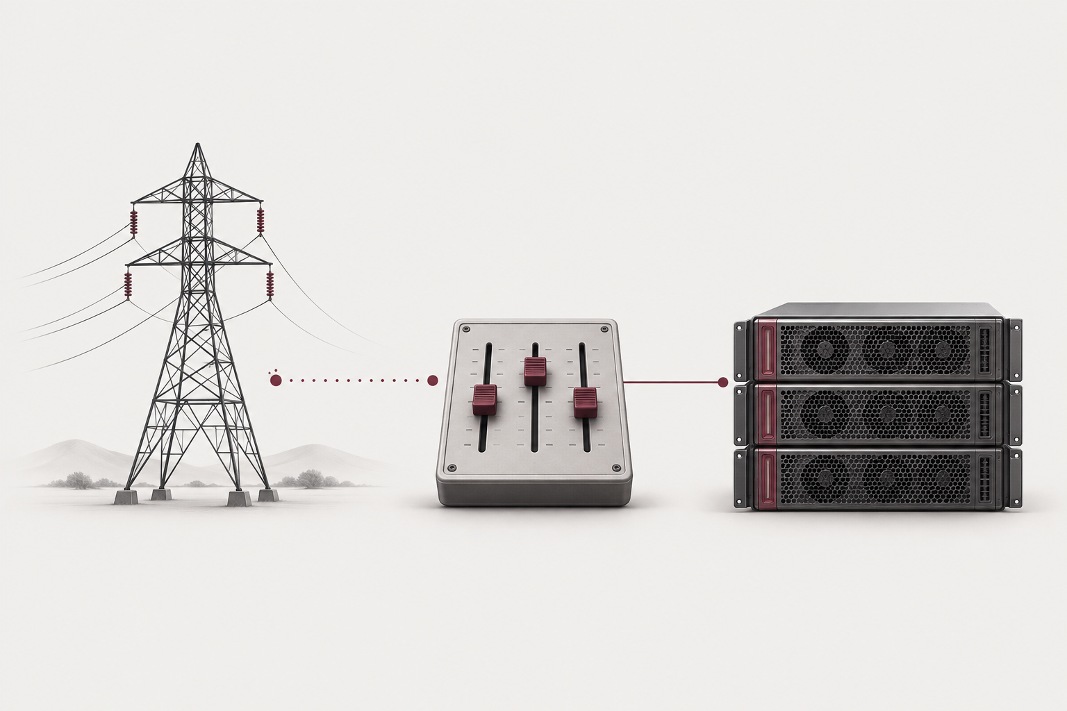 Conceptual illustration of a power tower, manual controls, and GPU servers.